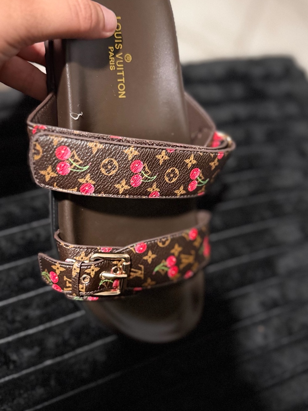 Louis Vuitton Brown Monogram Cherry-Print Slide Sandals with Gold Buckles